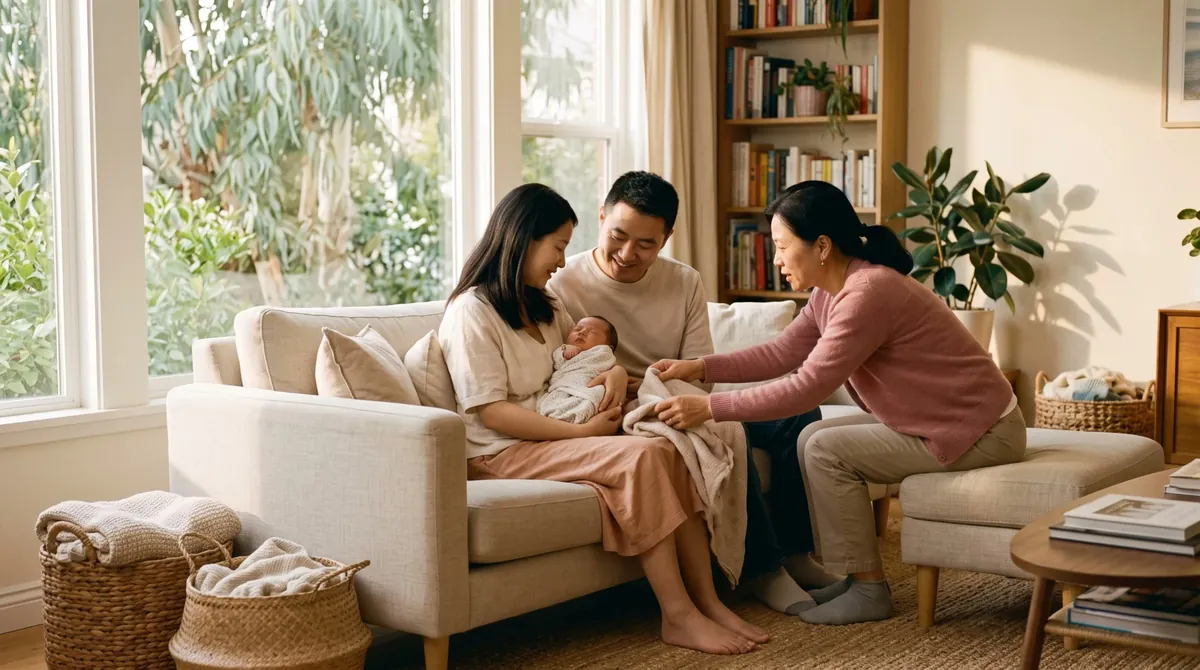 爸爸妈妈抱着新生儿坐在沙发上，阿姨在旁边递毯子
